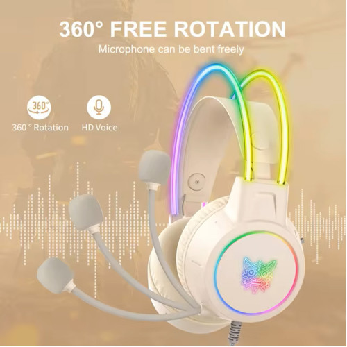 سماعة الألعاب السلكية ONIKUMA X15 PRO مع إضاءة RGB، واتصال من النوع C وUSB، وكابل بطول 2.2 متر - بيج