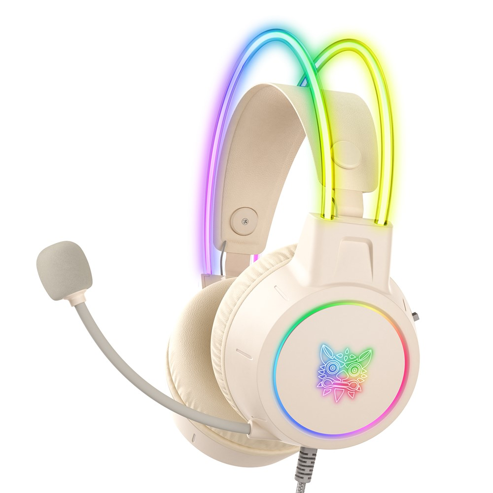 سماعة الألعاب السلكية ONIKUMA X15 PRO مع إضاءة RGB، واتصال من النوع C وUSB، وكابل بطول 2.2 متر - بيج
