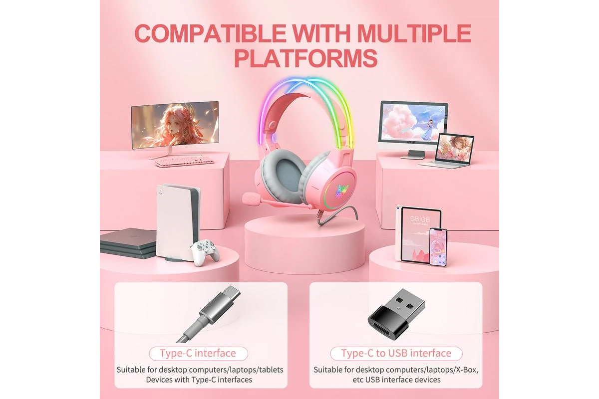 سماعة رأس سلكية للألعاب ONIKUMA X15 PRO مزودة بإضاءة RGB، واتصال من النوع C وUSB، وكابل بطول 2.2 متر - وردي