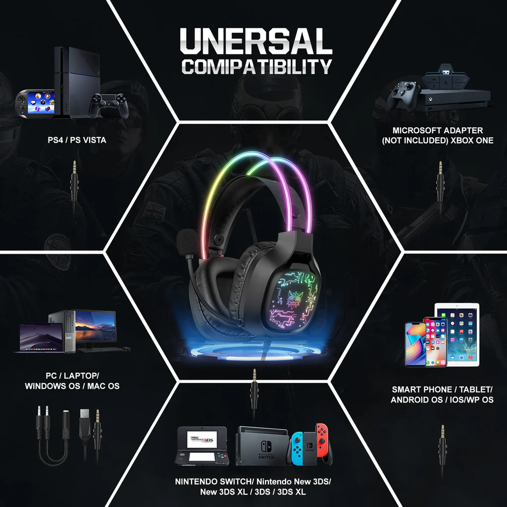 سماعة الألعاب السلكية ONIKUMA X22 مع إضاءة RGB لعصابة الرأس، ومنفذ USB ومنفذ 3.5 مم، وكابل بطول 1.8 متر - أسود