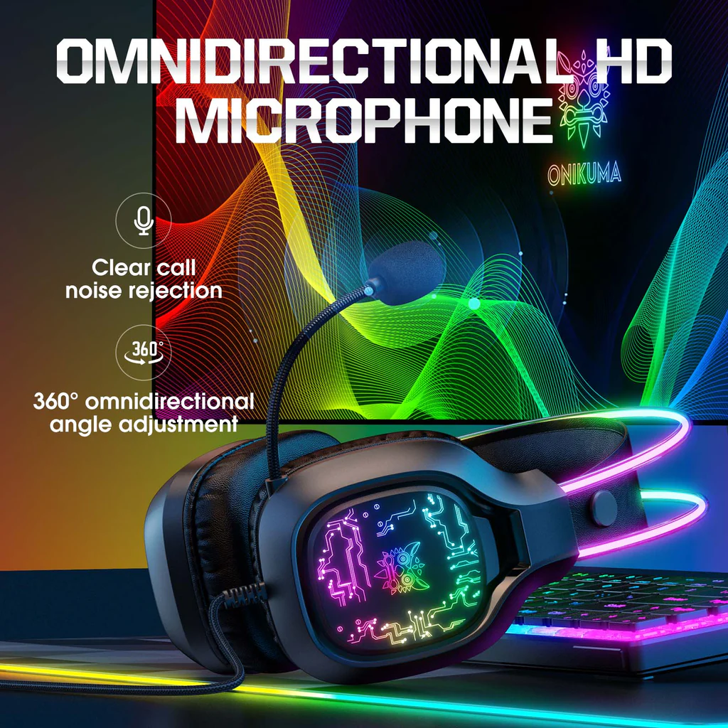 سماعة الألعاب السلكية ONIKUMA X22 مع إضاءة RGB لعصابة الرأس، ومنفذ USB ومنفذ 3.5 مم، وكابل بطول 1.8 متر - أسود