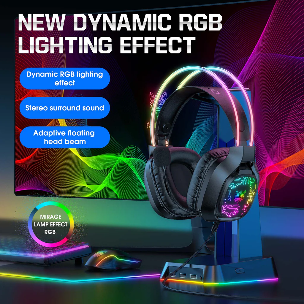 سماعة الألعاب السلكية ONIKUMA X22 مع إضاءة RGB لعصابة الرأس، ومنفذ USB ومنفذ 3.5 مم، وكابل بطول 1.8 متر - أسود