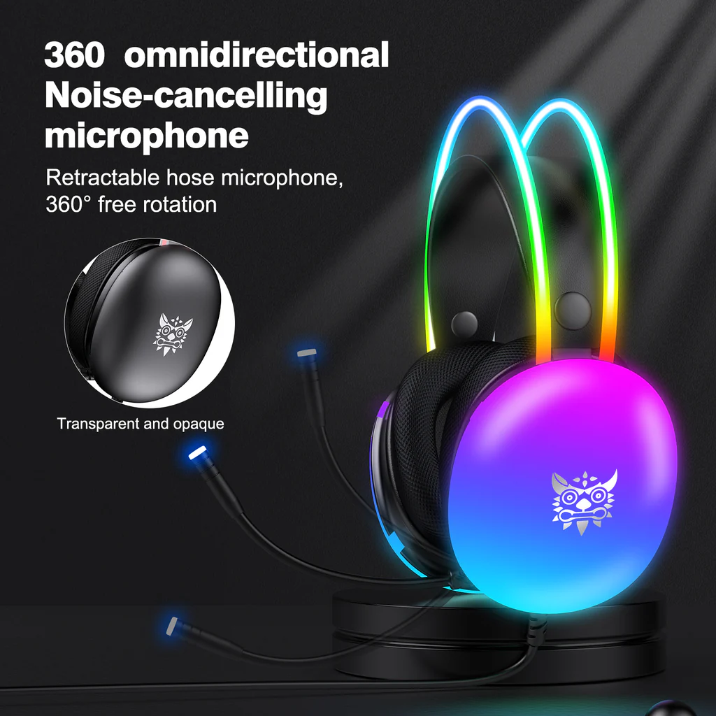 سماعة الألعاب السلكية ONIKUMA X25 مع إضاءة RGB، ومنفذ USB ومنفذ 3.5 مم، وكابل بطول 2 متر - أسود