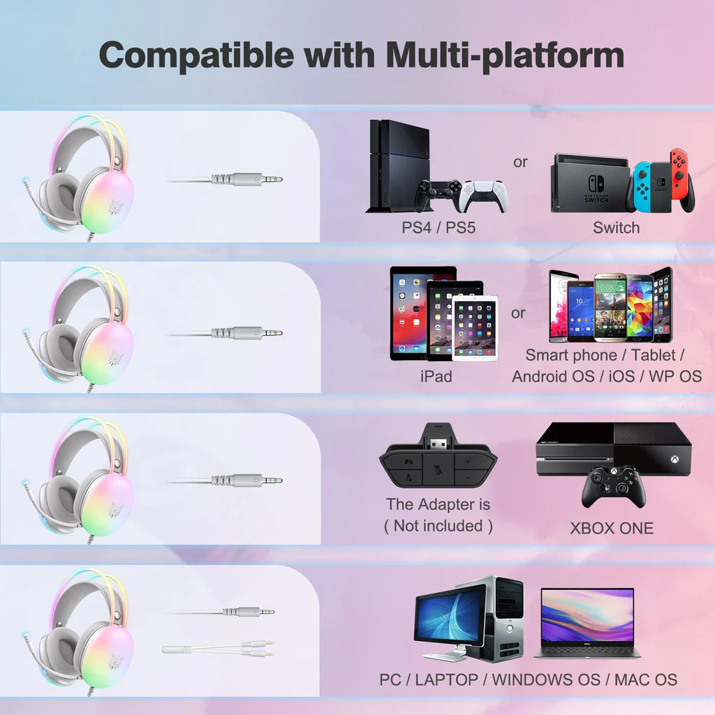 سماعة الألعاب السلكية ONIKUMA X25 مع إضاءة RGB، ومنفذ USB ومنفذ 3.5 مم، وكابل بطول 2 متر - أبيض