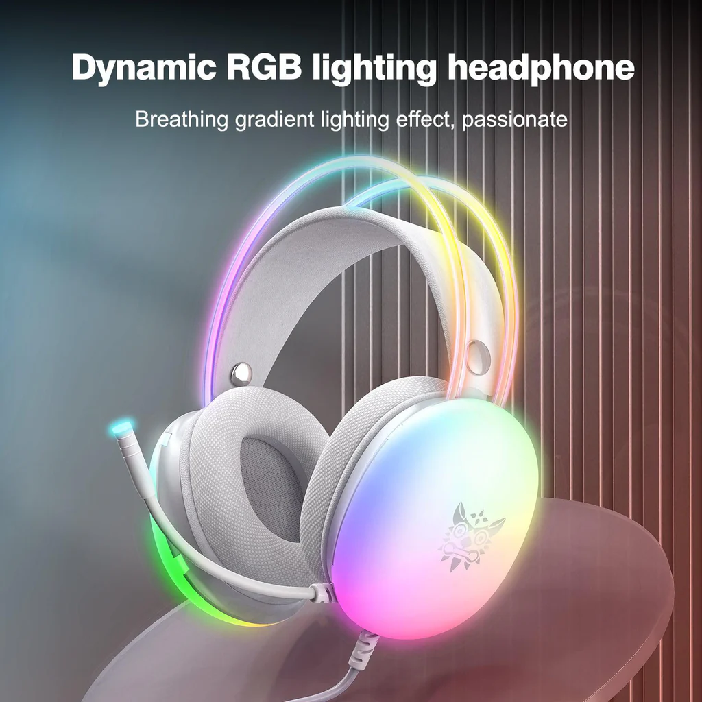 سماعة الألعاب السلكية ONIKUMA X25 مع إضاءة RGB، ومنفذ USB ومنفذ 3.5 مم، وكابل بطول 2 متر - أبيض