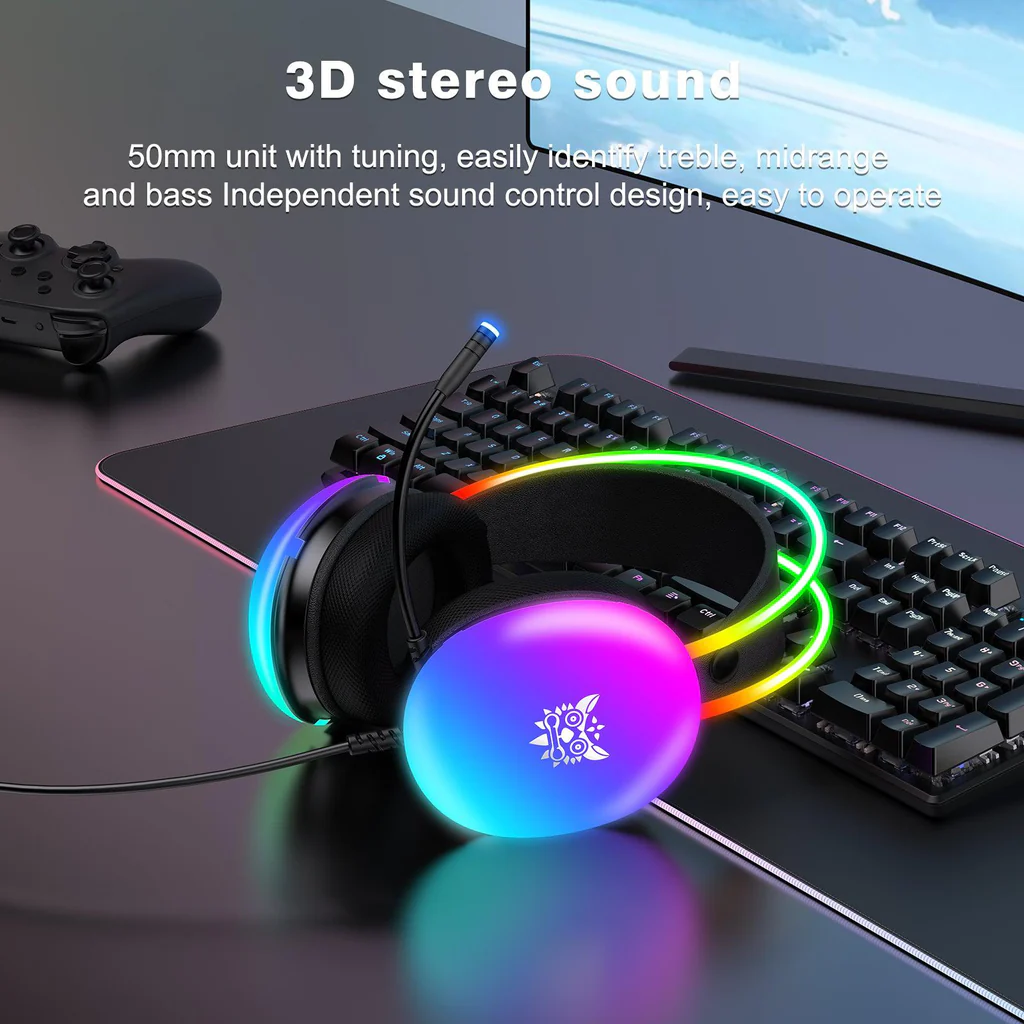 سماعة الألعاب السلكية ONIKUMA X25 مع إضاءة RGB، ومنفذ USB ومنفذ 3.5 مم، وكابل بطول 2 متر - أسود
