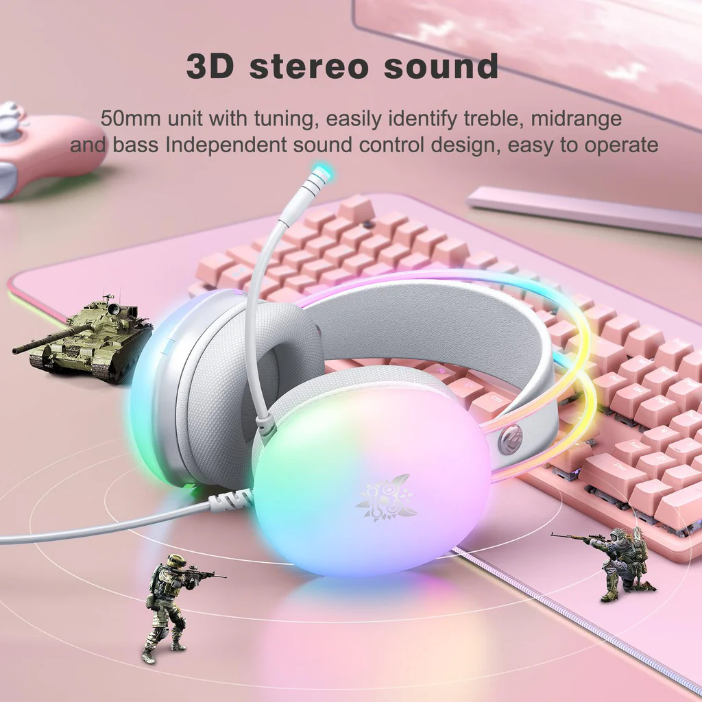 سماعة الألعاب السلكية ONIKUMA X25 مع إضاءة RGB، ومنفذ USB ومنفذ 3.5 مم، وكابل بطول 2 متر - أبيض