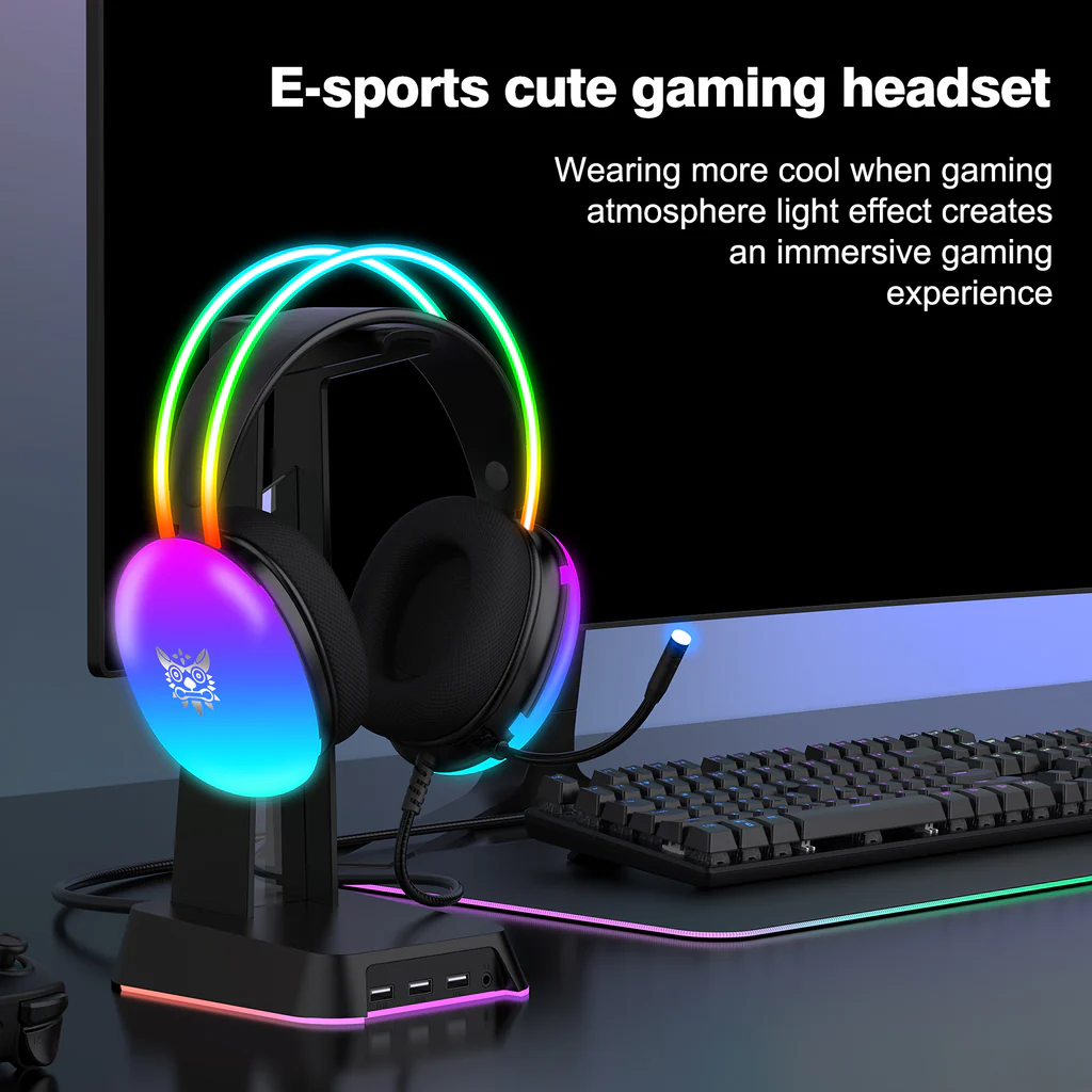 سماعة الألعاب السلكية ONIKUMA X25 مع إضاءة RGB، ومنفذ USB ومنفذ 3.5 مم، وكابل بطول 2 متر - أسود