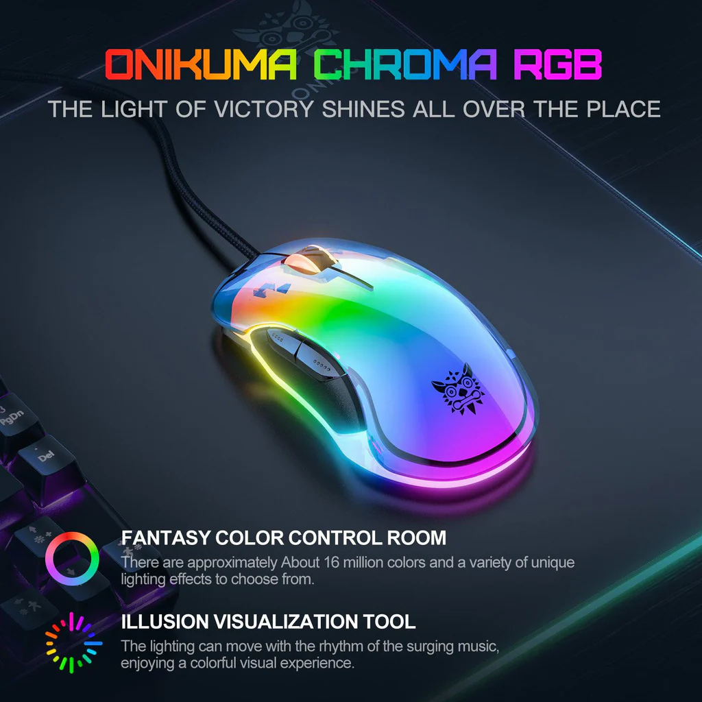 ماوس الألعاب السلكي ONIKUMA CW925 بإضاءة RGB، بدقة 12800 نقطة في البوصة، و7 أزرار، ووصلة USB، وكابل بطول 1.5 متر - أسود