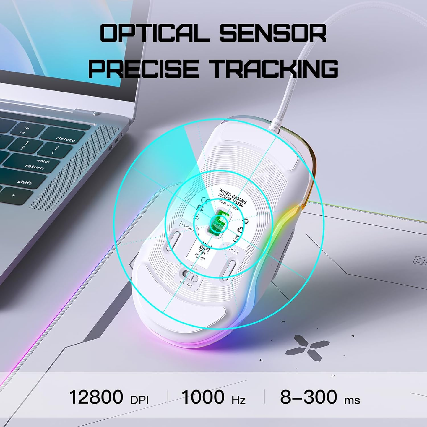 ماوس الألعاب السلكي ONIKUMA CW925 بإضاءة RGB، بدقة 12800 نقطة في البوصة، و7 أزرار، ووصلة USB، وكابل بطول 1.5 متر - أبيض