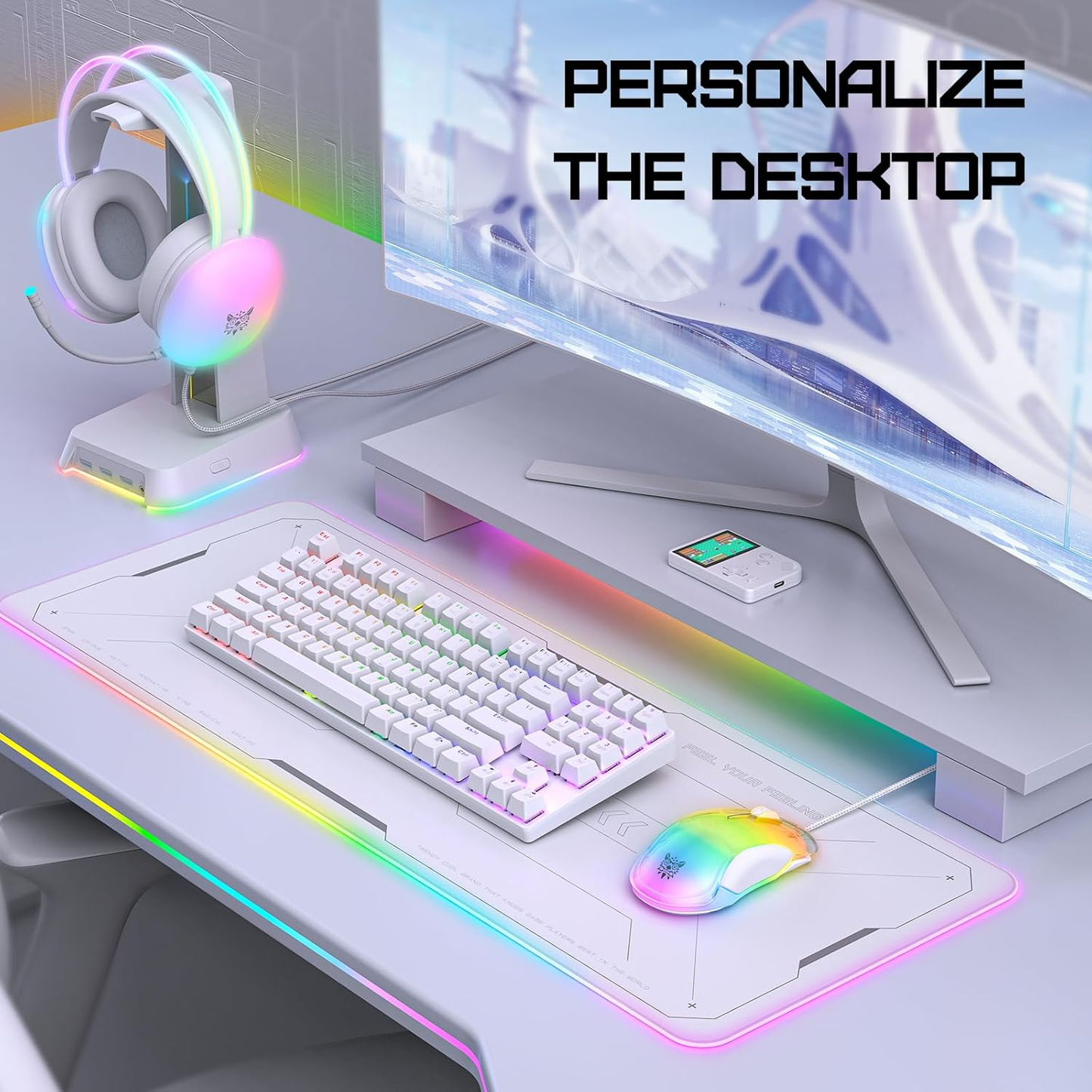 ماوس الألعاب السلكي ONIKUMA CW925 بإضاءة RGB، بدقة 12800 نقطة في البوصة، و7 أزرار، ووصلة USB، وكابل بطول 1.5 متر - أبيض