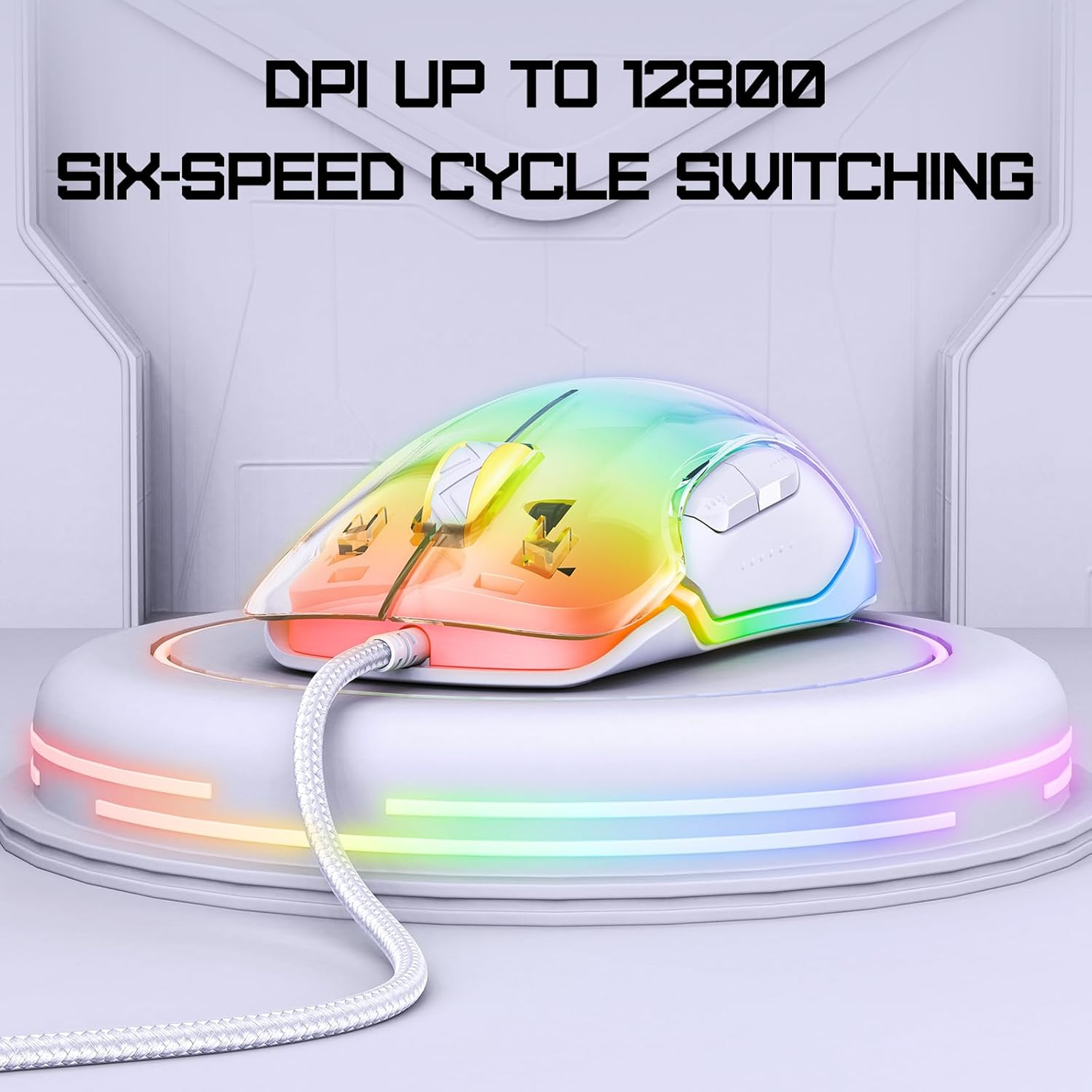 ماوس الألعاب السلكي ONIKUMA CW925 بإضاءة RGB، بدقة 12800 نقطة في البوصة، و7 أزرار، ووصلة USB، وكابل بطول 1.5 متر - أبيض