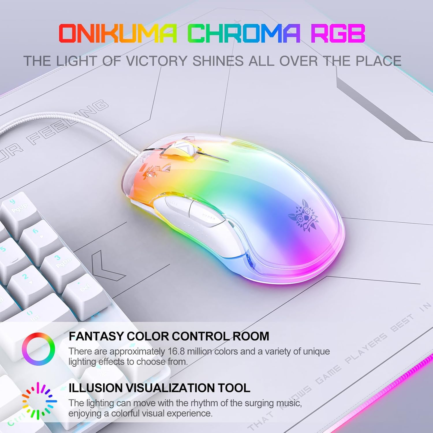 ماوس الألعاب السلكي ONIKUMA CW925 بإضاءة RGB، بدقة 12800 نقطة في البوصة، و7 أزرار، ووصلة USB، وكابل بطول 1.5 متر - أبيض