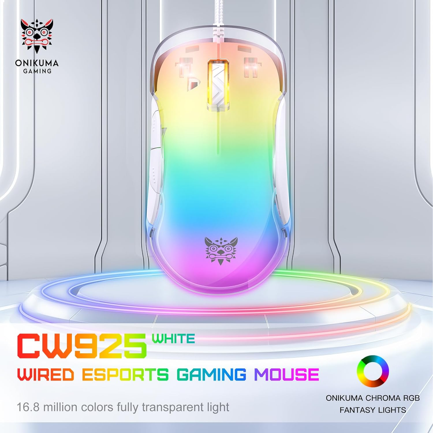 ماوس الألعاب السلكي ONIKUMA CW925 بإضاءة RGB، بدقة 12800 نقطة في البوصة، و7 أزرار، ووصلة USB، وكابل بطول 1.5 متر - أبيض