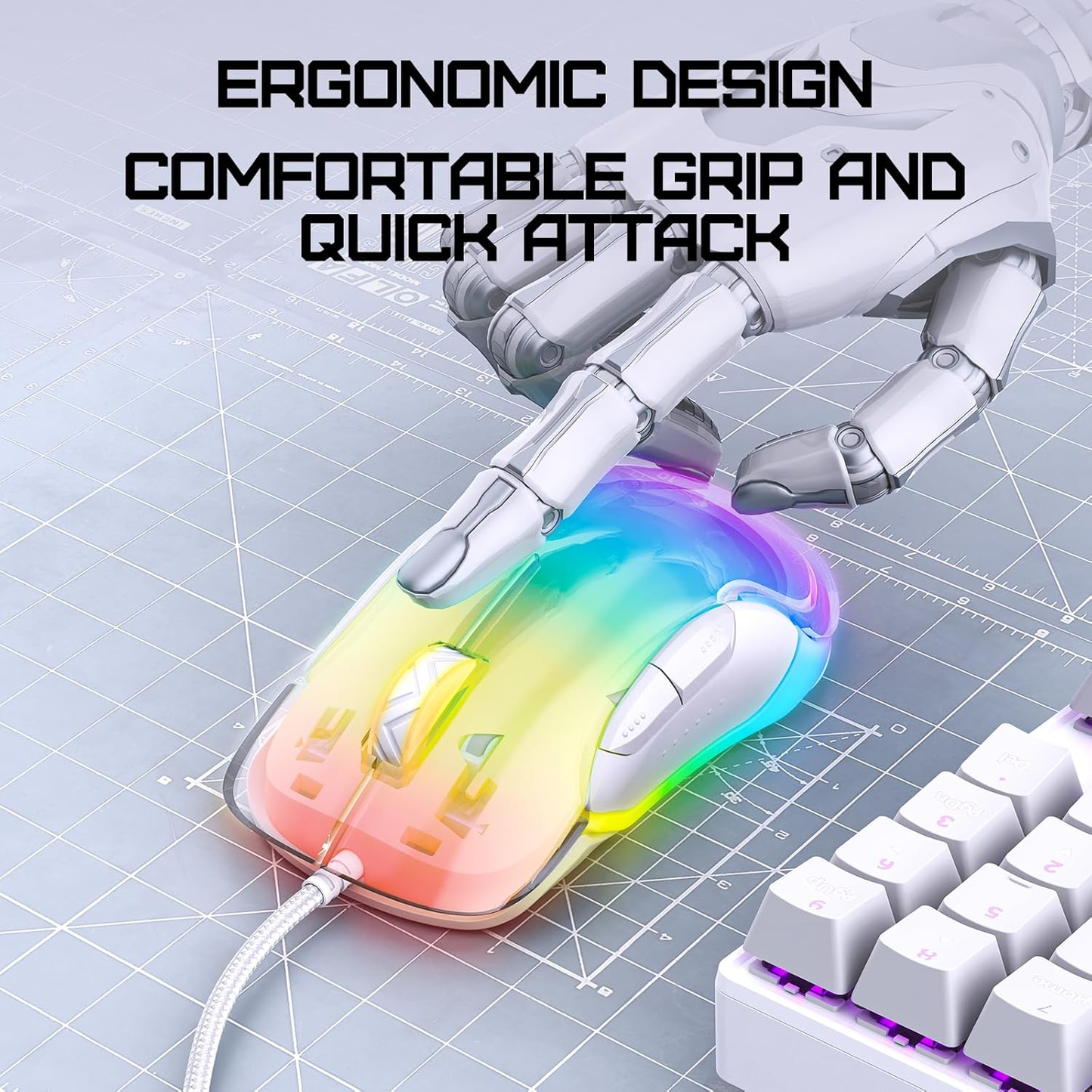 ماوس الألعاب السلكي ONIKUMA CW925 بإضاءة RGB، بدقة 12800 نقطة في البوصة، و7 أزرار، ووصلة USB، وكابل بطول 1.5 متر - أبيض