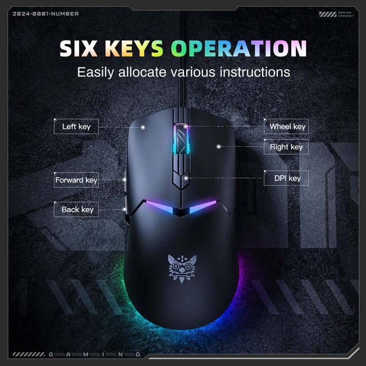 ماوس الألعاب السلكي Onikuma CW929، اتصال USB، 6400 نقطة في البوصة، إضاءة RGB، كابل 1.6 متر - أسود
