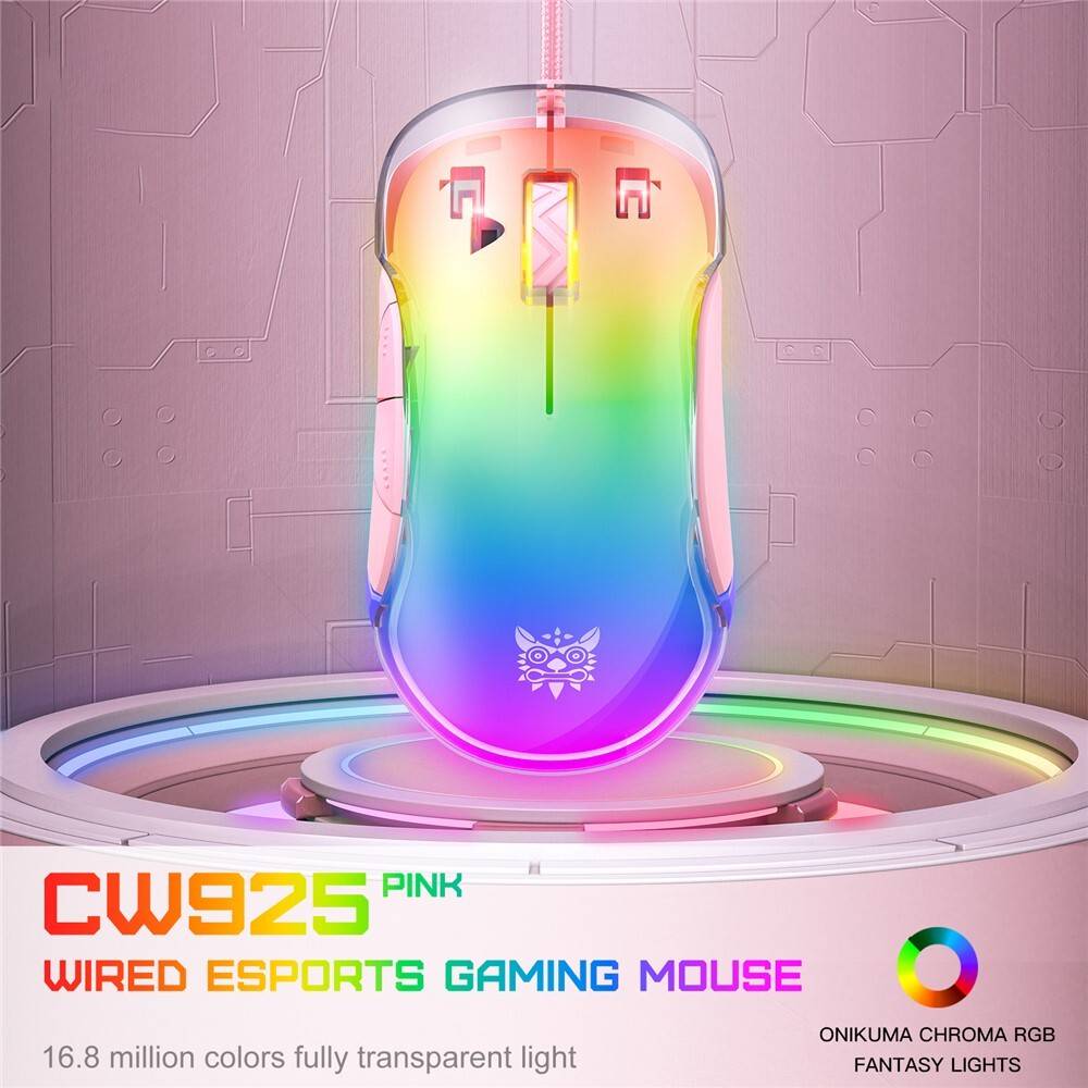 ماوس الألعاب السلكي ONIKUMA CW925 بإضاءة RGB، بدقة 12800 نقطة في البوصة، و7 أزرار، ووصلة USB، وكابل بطول 1.5 متر - وردي