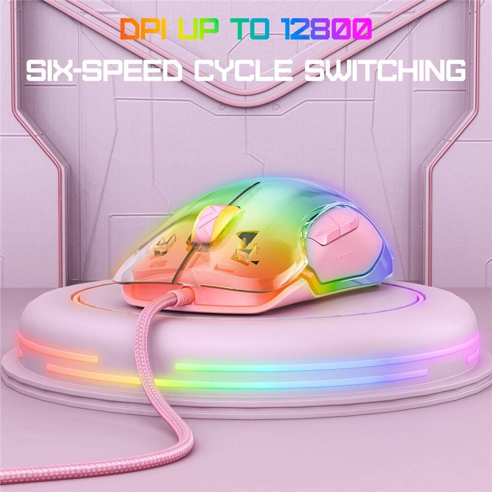 ماوس الألعاب السلكي ONIKUMA CW925 بإضاءة RGB، بدقة 12800 نقطة في البوصة، و7 أزرار، ووصلة USB، وكابل بطول 1.5 متر - وردي