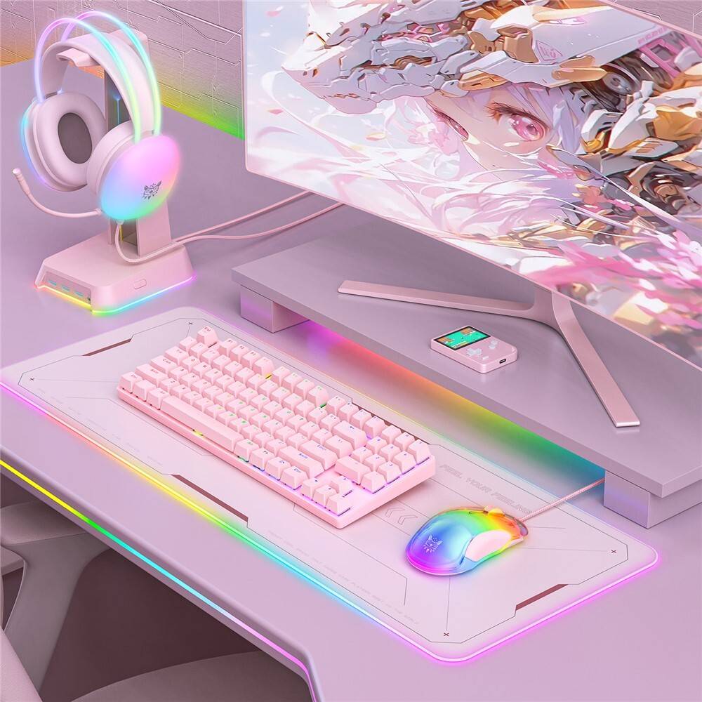 ماوس الألعاب السلكي ONIKUMA CW925 بإضاءة RGB، بدقة 12800 نقطة في البوصة، و7 أزرار، ووصلة USB، وكابل بطول 1.5 متر - وردي