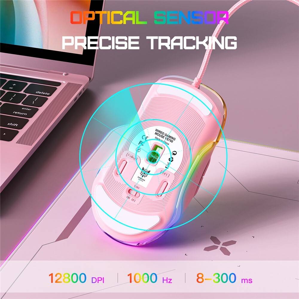 ماوس الألعاب السلكي ONIKUMA CW925 بإضاءة RGB، بدقة 12800 نقطة في البوصة، و7 أزرار، ووصلة USB، وكابل بطول 1.5 متر - وردي