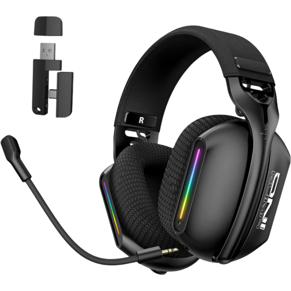 ONIKUMA GT808 Tri-Mode Gaming Headset with 2.4G, Bluetooth, Wired Connection, RGB Lighting, 50mm Driver, and 60-Hour Battery – Black
