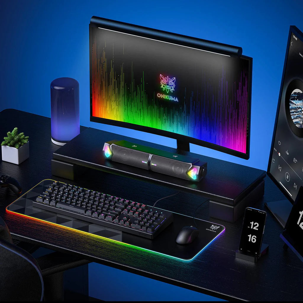 مكبر صوت ألعاب سلكي Onikuma L1 مزود بتقنية البلوتوث 5.3 وUSB RGB Light Soundbar محمول - أسود