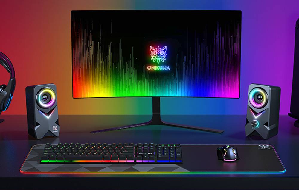 مكبر صوت سلكي للألعاب Onikuma L2 بمنفذ USB ومنفذ 3.5 مم وإضاءة RGB وصوت كامل النطاق 2.5 بوصة وكابل بطول 1.5 متر - أسود