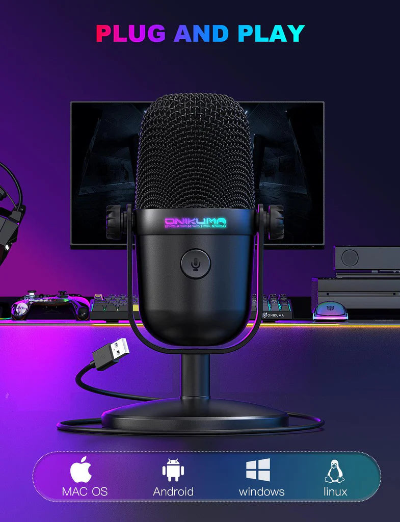 ميكروفون ألعاب سلكي Onikuma M830 مزود بمنفذ USB وType-C وإضاءة RGB - أسود