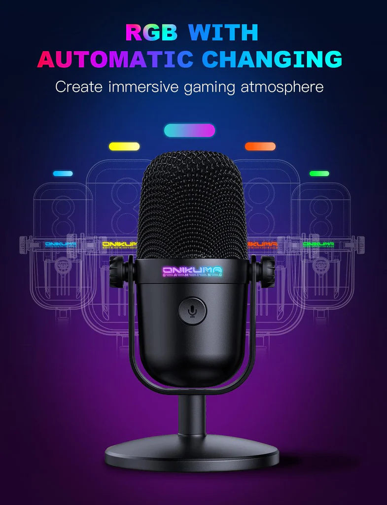 ميكروفون ألعاب سلكي Onikuma M830 مزود بمنفذ USB وType-C وإضاءة RGB - أسود