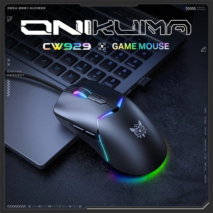 ماوس الألعاب السلكي Onikuma CW929، اتصال USB، 6400 نقطة في البوصة، إضاءة RGB، كابل 1.6 متر - أسود
