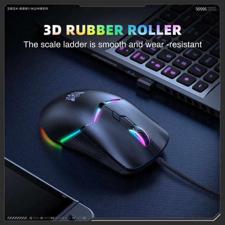 ماوس الألعاب السلكي Onikuma CW929، اتصال USB، 6400 نقطة في البوصة، إضاءة RGB، كابل 1.6 متر - أسود