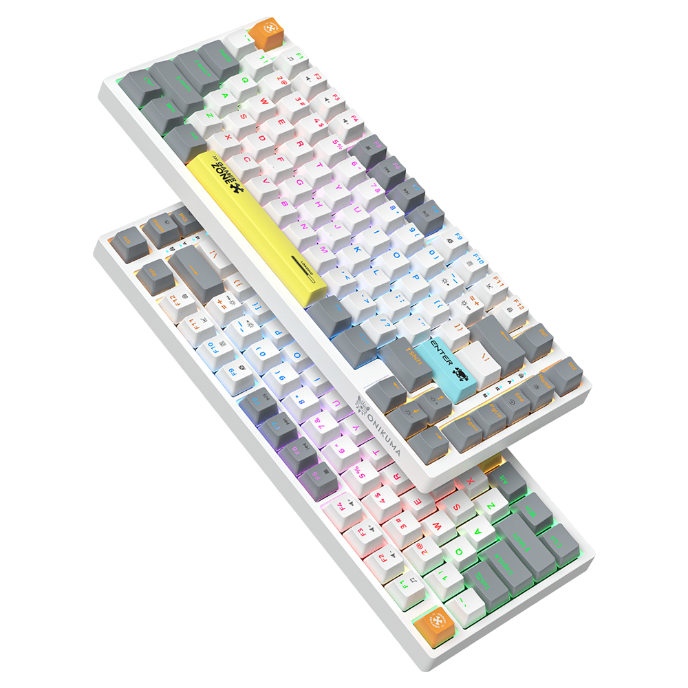 ONIKUMA G58 Wired Mechanical Gaming Keyboard with Brown Switches, RGB Backlighting, 82 Keys, USB Connection, and 1.8m Cable – White Grey and Orange Yellow Blue