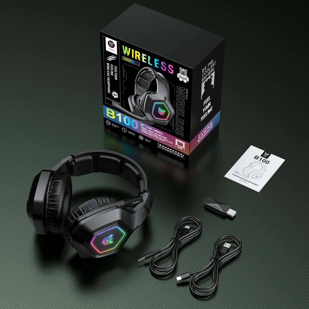 سماعة الألعاب اللاسلكية ثلاثية الأوضاع ONIKUMA B100 مع 2.4G وبلوتوث 5.3 وإضاءة RGB وبطارية تدوم 18 ساعة - أسود