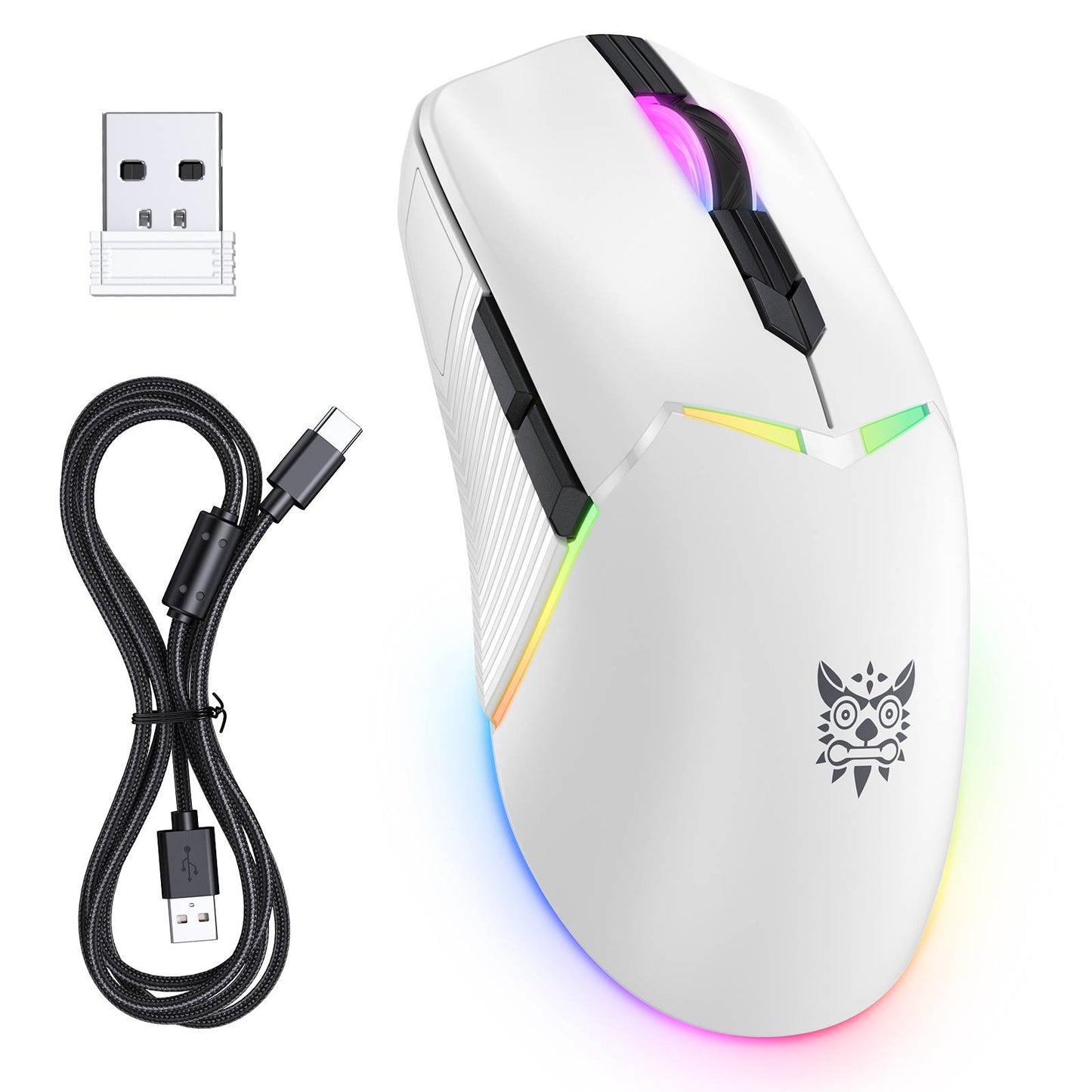 ماوس الألعاب اللاسلكي ثلاثي الأوضاع ONIKUMA CW928، إضاءة RGB، 12000 نقطة في البوصة، 7 أزرار، وجهاز استقبال USB - أبيض