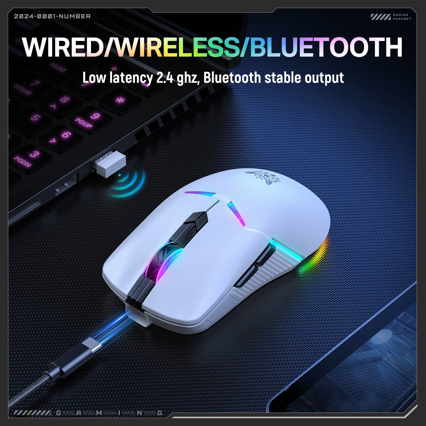 ماوس الألعاب اللاسلكي ثلاثي الأوضاع ONIKUMA CW928، إضاءة RGB، 12000 نقطة في البوصة، 7 أزرار، وجهاز استقبال USB - أبيض