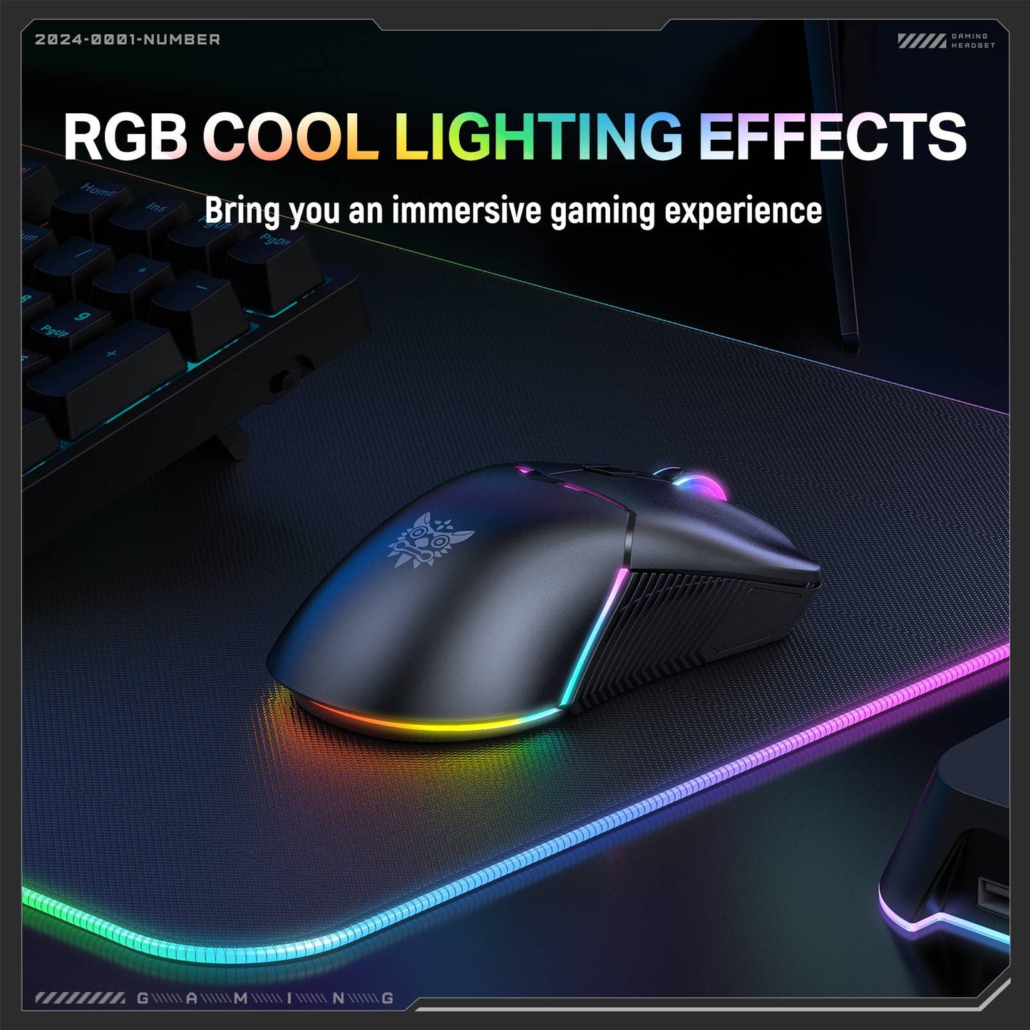ماوس الألعاب اللاسلكي ثلاثي الأوضاع ONIKUMA CW928، إضاءة RGB، 12000 نقطة في البوصة، 7 أزرار، وجهاز استقبال USB - أسود