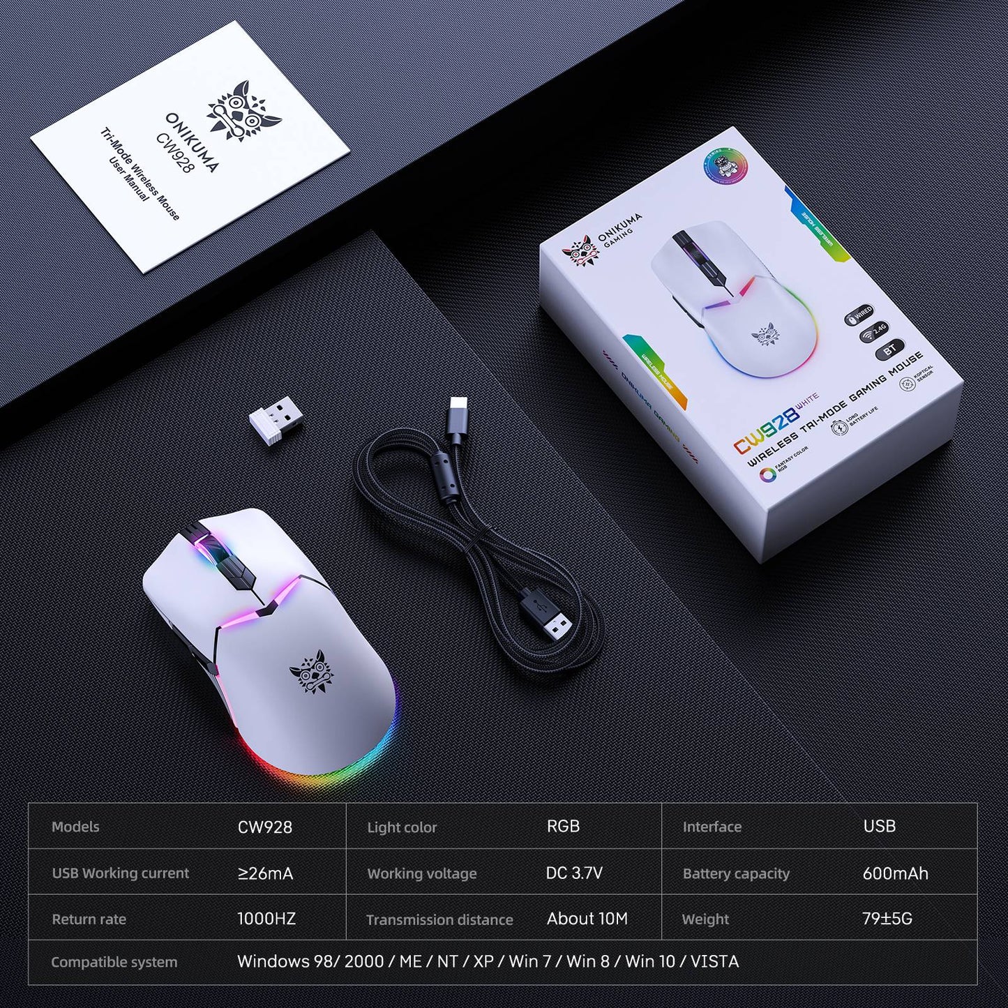 ماوس الألعاب اللاسلكي ثلاثي الأوضاع ONIKUMA CW928، إضاءة RGB، 12000 نقطة في البوصة، 7 أزرار، وجهاز استقبال USB - أبيض