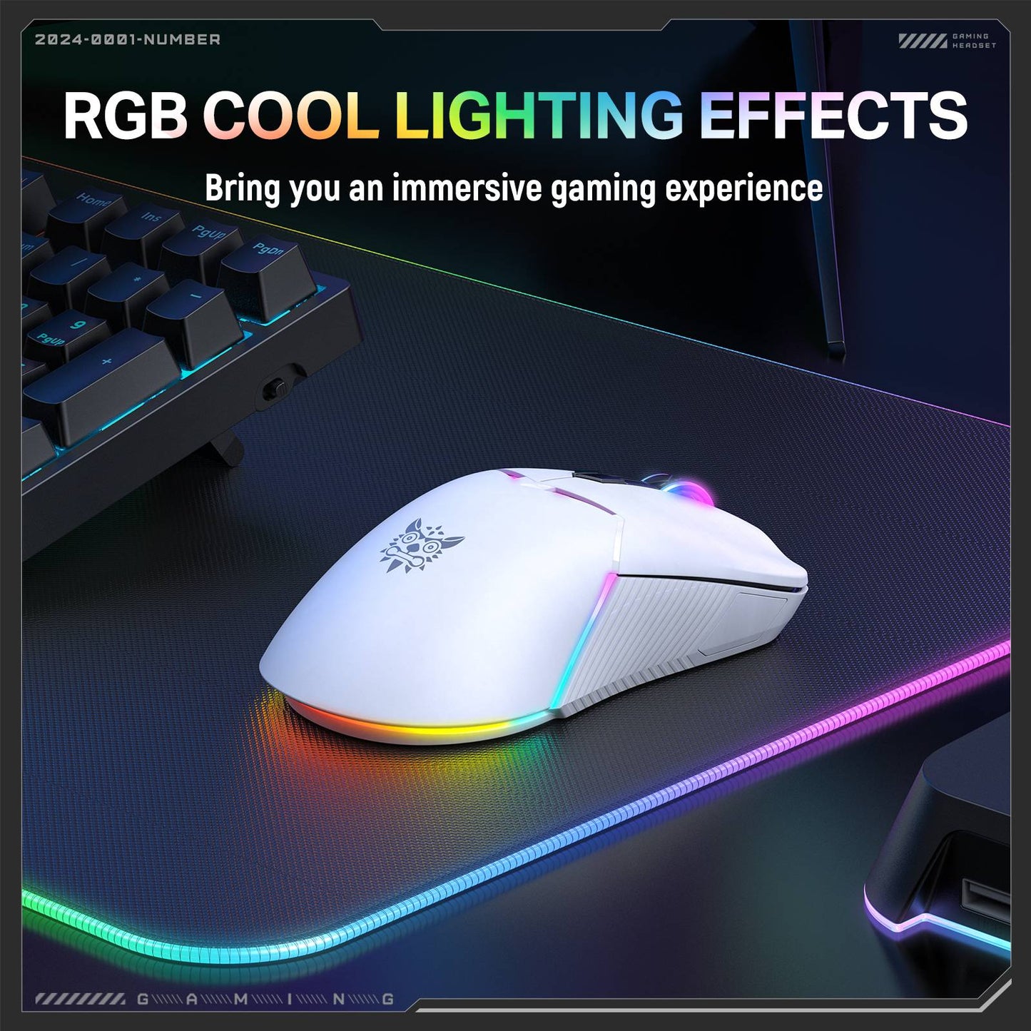 ماوس الألعاب اللاسلكي ثلاثي الأوضاع ONIKUMA CW928، إضاءة RGB، 12000 نقطة في البوصة، 7 أزرار، وجهاز استقبال USB - أبيض