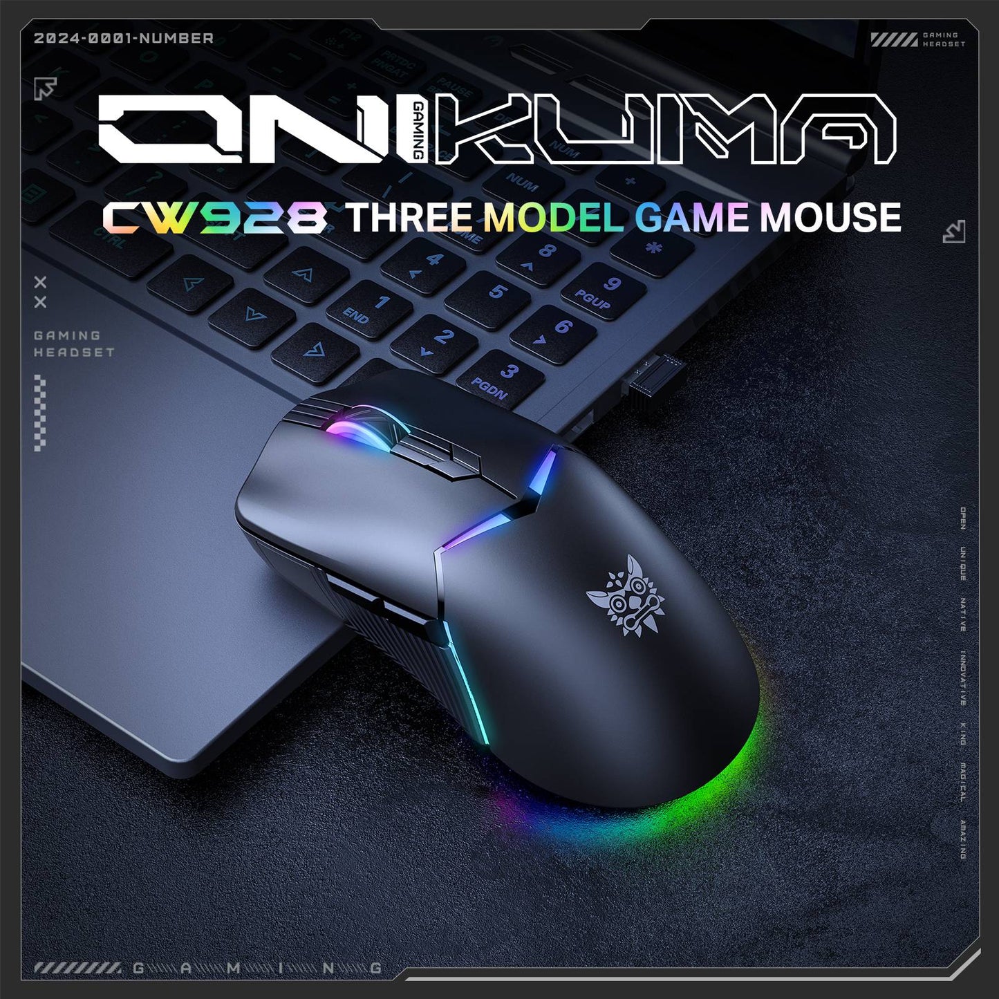 ماوس الألعاب اللاسلكي ثلاثي الأوضاع ONIKUMA CW928، إضاءة RGB، 12000 نقطة في البوصة، 7 أزرار، وجهاز استقبال USB - أسود