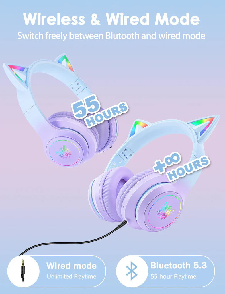 سماعة رأس لاسلكية ONIKUMA B90 ​​بتقنية بلوتوث 5.3، وسماعات أذن قطط RGB، وتصميم قابل للطي، وبطارية تدوم 55 ساعة - لون بنفسجي متدرج