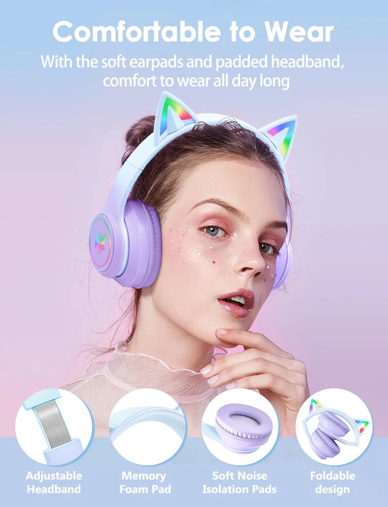 سماعة رأس لاسلكية ONIKUMA B90 ​​بتقنية بلوتوث 5.3، وسماعات أذن قطط RGB، وتصميم قابل للطي، وبطارية تدوم 55 ساعة - لون بنفسجي متدرج