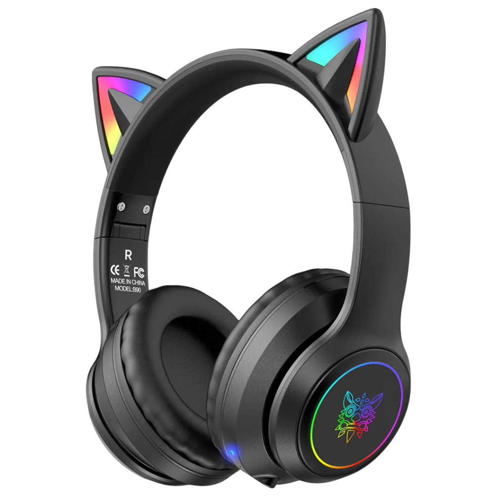 ONIKUMA B90 Wireless Bluetooth Headset with Bluetooth 5.3, RGB Cat Ears, Foldable Design, and 55 Hour Battery – Black