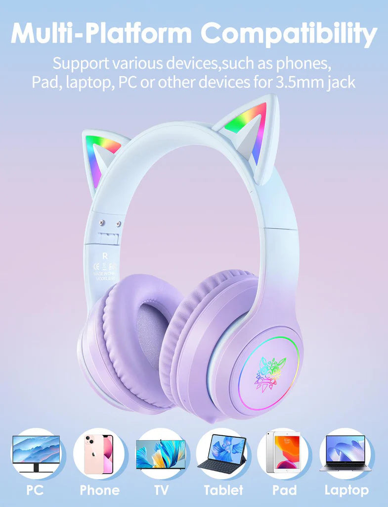 سماعة رأس لاسلكية ONIKUMA B90 ​​بتقنية بلوتوث 5.3، وسماعات أذن قطط RGB، وتصميم قابل للطي، وبطارية تدوم 55 ساعة - لون بنفسجي متدرج