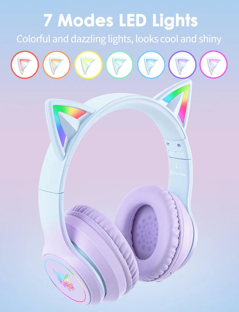 سماعة رأس لاسلكية ONIKUMA B90 ​​بتقنية بلوتوث 5.3، وسماعات أذن قطط RGB، وتصميم قابل للطي، وبطارية تدوم 55 ساعة - لون بنفسجي متدرج