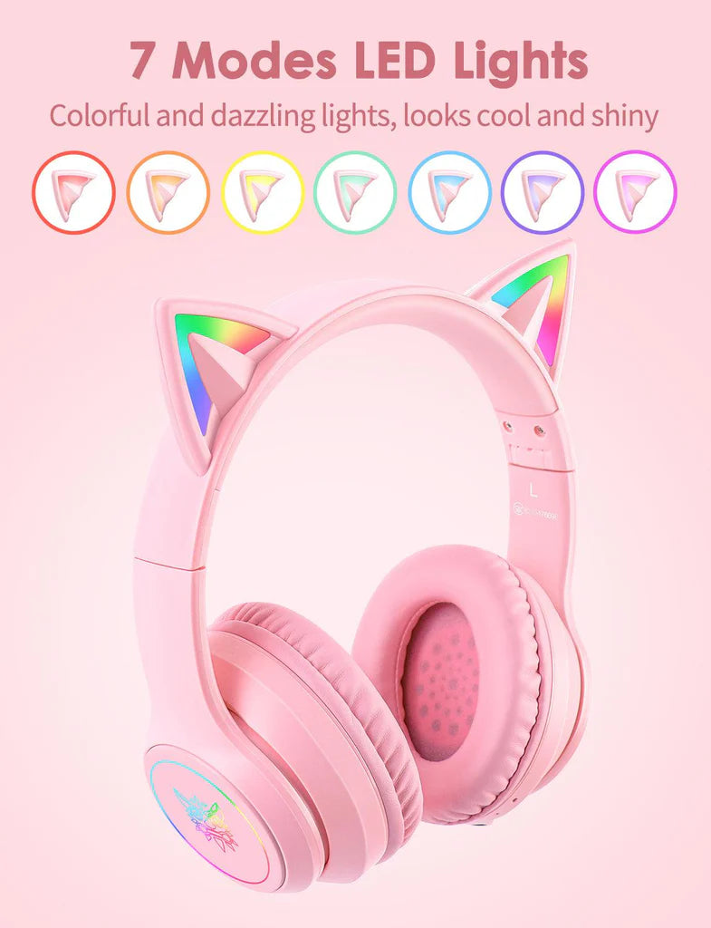 سماعة رأس لاسلكية ONIKUMA B90 ​​بتقنية بلوتوث 5.3، وسماعات أذن قطط RGB، وتصميم قابل للطي، وبطارية تدوم 55 ساعة - وردي