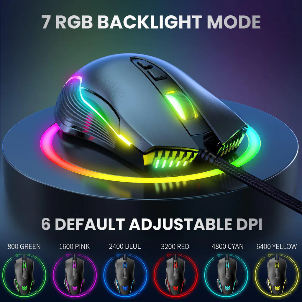 ماوس الألعاب السلكي ONIKUMA CW905 بإضاءة RGB، 6400 نقطة في البوصة، 7 أزرار، اتصال USB، وكابل 1.5 متر - أسود