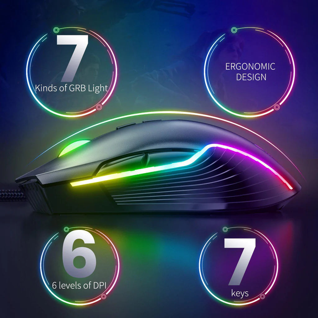 ماوس الألعاب السلكي ONIKUMA CW905 بإضاءة RGB، 6400 نقطة في البوصة، 7 أزرار، اتصال USB، وكابل 1.5 متر - أسود