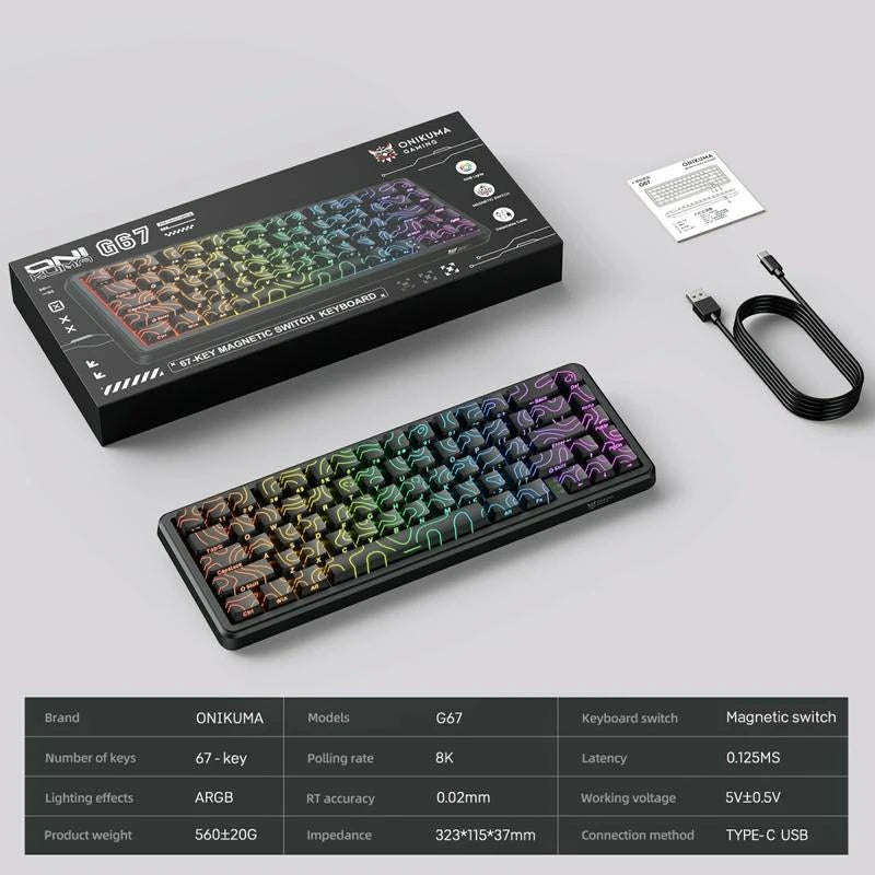 لوحة مفاتيح الألعاب الميكانيكية ONIKUMA G67 بمفاتيح مغناطيسية وإضاءة RGB و67 مفتاحًا وكابل بطول 1.5 متر - أسود