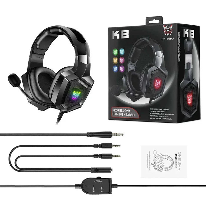 سماعة الألعاب السلكية ONIKUMA K8 مع إضاءة RGB وميكروفون عازل للضوضاء ومنفذ USB ومنفذ 3.5 مم وكابل 2.2 متر - أسود