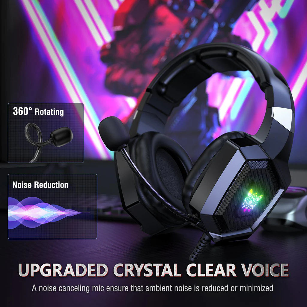 سماعة الألعاب السلكية ONIKUMA K8 مع إضاءة RGB وميكروفون عازل للضوضاء ومنفذ USB ومنفذ 3.5 مم وكابل 2.2 متر - أسود
